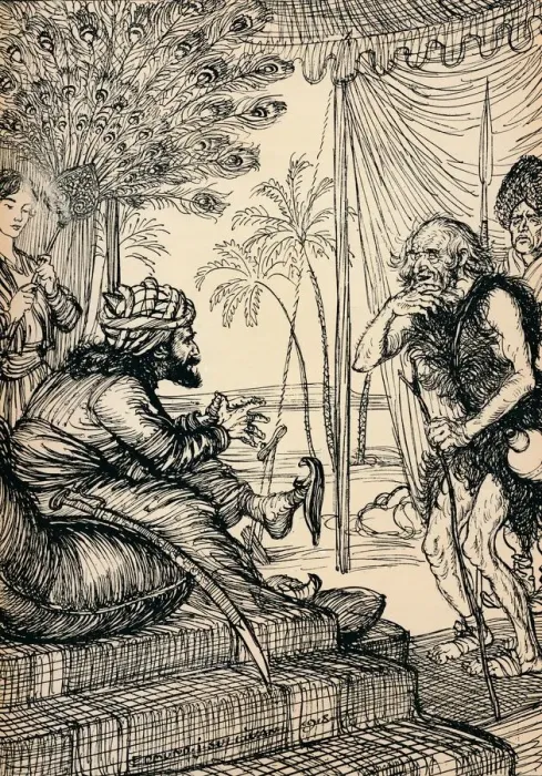 Framed Print : The Hermit Visits The Caliph, 1918, (1918). Artist: Edmund Joseph Sullivan Framed Print : The Hermit Visits The Caliph, 1918, (1918). Artist: Edmund Joseph Sullivan