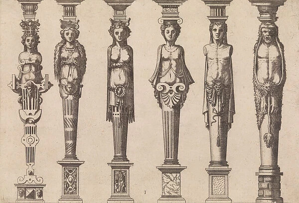 Six herms, four female and two male, with Hercules at far right, ca. 1565