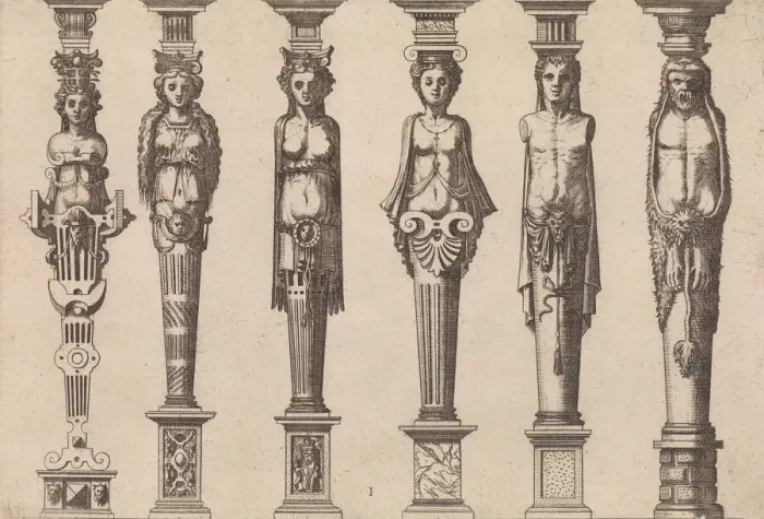 Framed Print : Six herms, four female and two male, with Hercules at far right, ca. 1565 Framed Print : Six herms, four female and two male, with Hercules at far right, ca. 1565