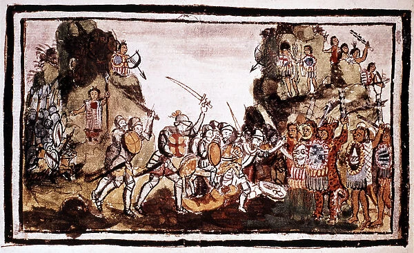 Hernando Cortes (Cortez) (1485-1547), Spanish conquistador, attacking natives in Mexico