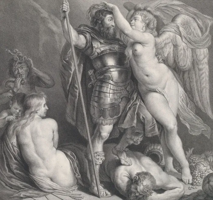 Framed Print : Hero crowned by Victory, who places a laurel wreath on his head, Venus and Cupid Framed Print : Hero crowned by Victory, who places a laurel wreath on his head, Venus and Cupid