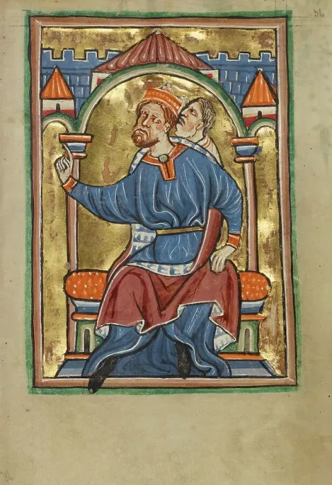Framed Print : Herod Enthroned; Illustrated Vita Christi, with devotional... about 1190-1200 & about 1480-90. Creator: Unknown Framed Print : Herod Enthroned; Illustrated Vita Christi, with devotional... about 1190-1200 & about 1480-90. Creator: Unknown
