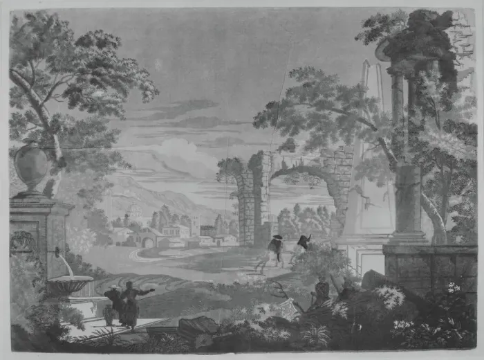 Framed Print : Heroic Landscape with Watering Place, Riders, and Obelisk, 1744. Creator: John Baptist Jackson Framed Print : Heroic Landscape with Watering Place, Riders, and Obelisk, 1744. Creator: John Baptist Jackson