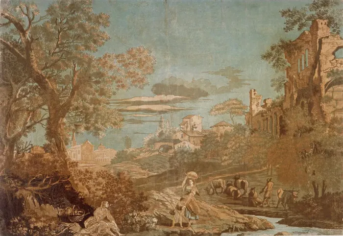 Framed Print : Heroic Landscape with Women at Brook, Child Fishing, and Herdsmen, 1744. Creator: John Baptist Jackson Framed Print : Heroic Landscape with Women at Brook, Child Fishing, and Herdsmen, 1744. Creator: John Baptist Jackson
