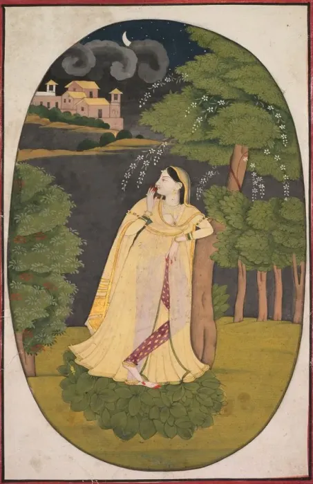 Framed Print : The Heroine Who Waits Anxiously for Her Absent Lover (Utka Nayika), c. 1800. Creator: Unknown Framed Print : The Heroine Who Waits Anxiously for Her Absent Lover (Utka Nayika), c. 1800. Creator: Unknown