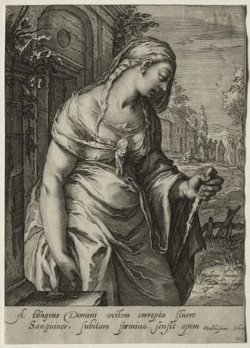 Framed Print : Heroines of the New Testament: The Woman with the Issue of Blood. Creator: Jan Saenredam (Dutch Framed Print : Heroines of the New Testament: The Woman with the Issue of Blood. Creator: Jan Saenredam (Dutch