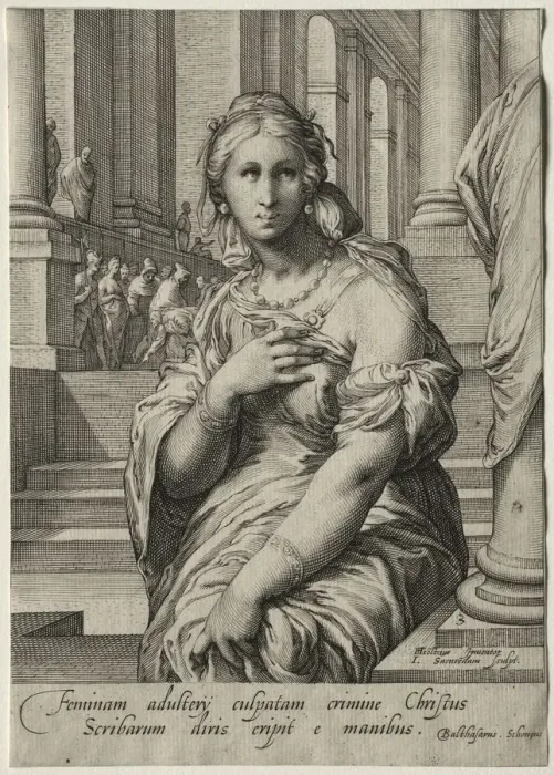 Framed Print : Heroines of the New Testament: The Woman Taken in Adultery. Creator: Jan Saenredam (Dutch Framed Print : Heroines of the New Testament: The Woman Taken in Adultery. Creator: Jan Saenredam (Dutch