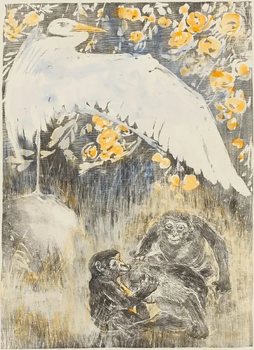 Framed Print : Heron with three monkeys, 1905. Creator: Theo van Hoytema Framed Print : Heron with three monkeys, 1905. Creator: Theo van Hoytema
