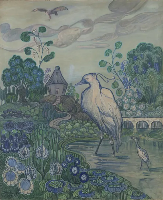 Framed Print : Herons in a Lush Landscape, 1917. Creator: Andreas Schneider Framed Print : Herons in a Lush Landscape, 1917. Creator: Andreas Schneider