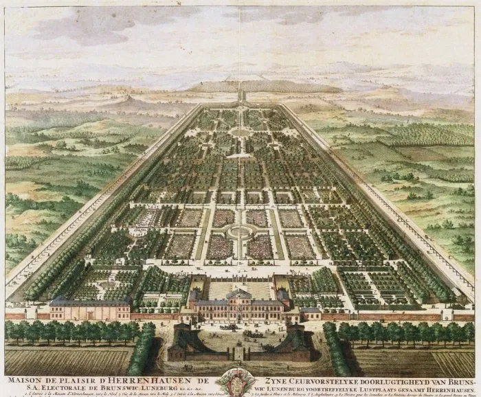 Framed Print : Herrenhausen: Castle and Gardens, c. 1745. Artist: Anonymous Framed Print : Herrenhausen: Castle and Gardens, c. 1745. Artist: Anonymous