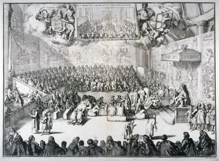 Framed Print : Het hoog-en lager-huys van Engelandt, 1689. Artist: Romeyn de Hooghe Framed Print : Het hoog-en lager-huys van Engelandt, 1689. Artist: Romeyn de Hooghe