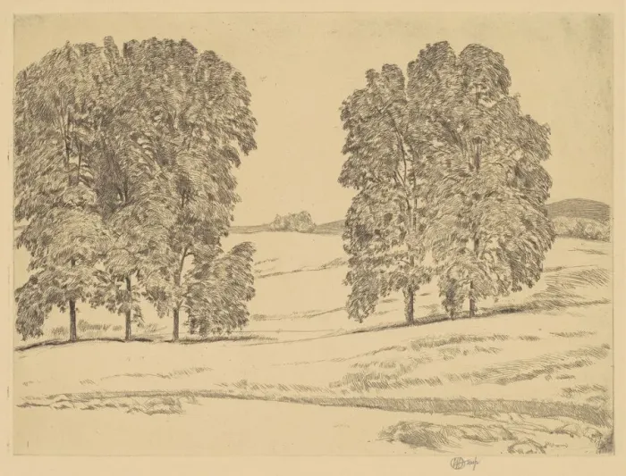 Framed Print : Hickories in a Hayfield, 1917. Creator: Frederick Childe Hassam Framed Print : Hickories in a Hayfield, 1917. Creator: Frederick Childe Hassam