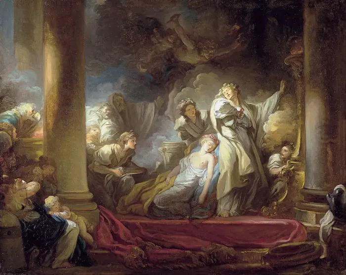 Framed Print : The High Priest Coresus Sacrificing Himself to Save Callirhoe. Artist: Fragonard, Jean Honore (1732-1806) Framed Print : The High Priest Coresus Sacrificing Himself to Save Callirhoe. Artist: Fragonard, Jean Honore (1732-1806)