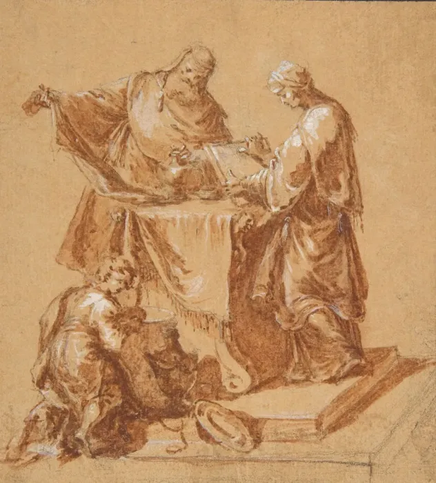 Framed Print : A High-Priest, the Prophetess Anna (?) and a Kneeling Boy around a Table, 1745 Framed Print : A High-Priest, the Prophetess Anna (?) and a Kneeling Boy around a Table, 1745