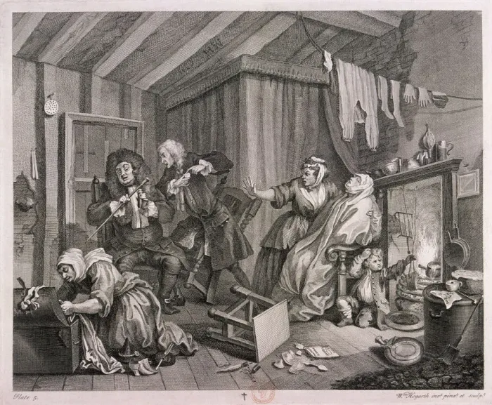Framed Print : In a high saliuation [sic] at the point of death, plate V of The Harlots Progress, 1732