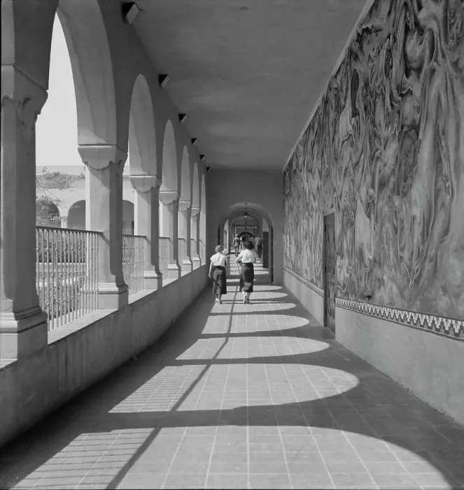Framed Print : High school showing part of Federal Art Project mural decoration, Fullerton, California, 1937. Creator: Dorothea Lange Framed Print : High school showing part of Federal Art Project mural decoration, Fullerton, California, 1937. Creator: Dorothea Lange