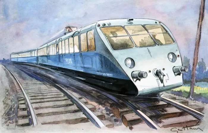 Framed Print : High-speed train, the solid and lightweight Bugatti PLM travelling to Vichy, drawing Framed Print : High-speed train, the solid and lightweight Bugatti PLM travelling to Vichy, drawing