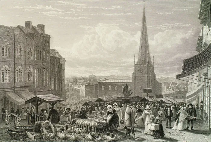 Framed Print : The High Street Market, Birmingham, 1827. Creators: David Cox the Elder, William Radclyffe Framed Print : The High Street Market, Birmingham, 1827. Creators: David Cox the Elder, William Radclyffe