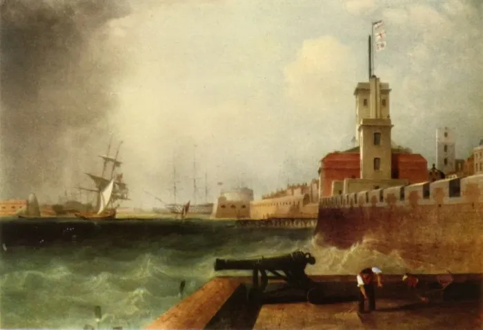 Framed Print : High tide below the Battery, Portsmouth Harbour, 1846, (1942). Creator: John Lynn Framed Print : High tide below the Battery, Portsmouth Harbour, 1846, (1942). Creator: John Lynn