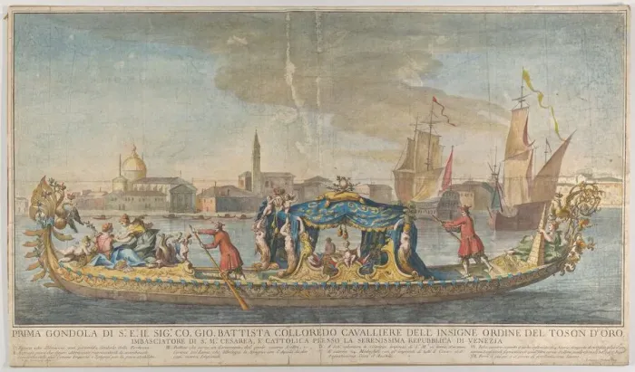Framed Print : The highly ornamented first gondola of Ambassador Giovanni Battista Colloreado entering Framed Print : The highly ornamented first gondola of Ambassador Giovanni Battista Colloreado entering