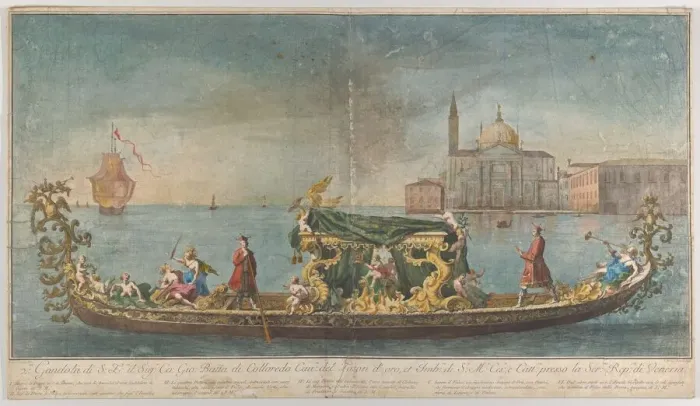Framed Print : The highly ornamented second gondola of Ambassador Giovanni Battista Colloreado enterin Framed Print : The highly ornamented second gondola of Ambassador Giovanni Battista Colloreado enterin