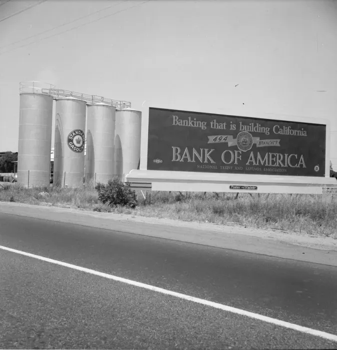 Framed Print : Highway gas tanks and signboard approaching town, between Tulare and Fresno on U. S. 99, 1939. Creator: Dorothea Lange Framed Print : Highway gas tanks and signboard approaching town, between Tulare and Fresno on U. S. 99, 1939. Creator: Dorothea Lange