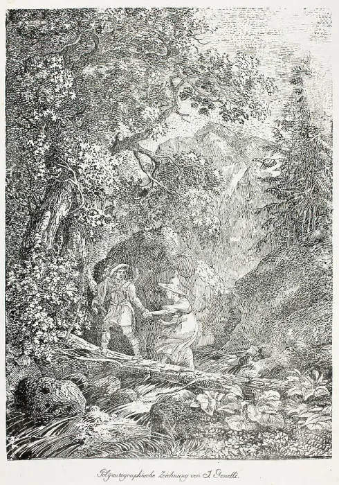Framed Print : Hiker Crossing Over a Mountain Stream on a Tree Trunk with a Woman, 1804. Creator: Janus Genelli Framed Print : Hiker Crossing Over a Mountain Stream on a Tree Trunk with a Woman, 1804. Creator: Janus Genelli