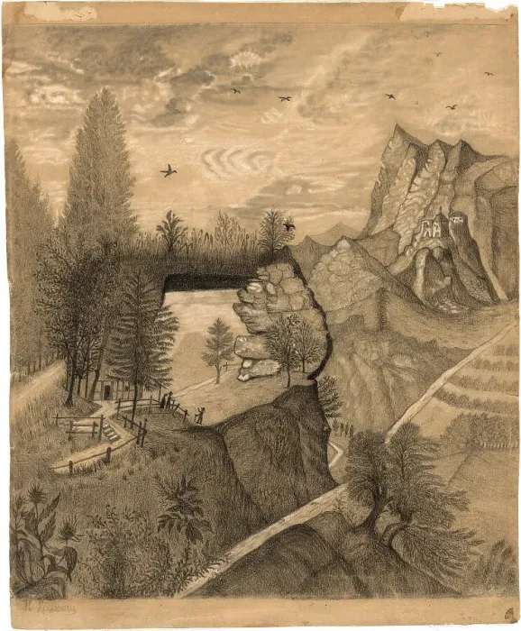 Framed Print : Hikers climbing up to a Mountain Chalet, c. 1888. Creator: Henri Rousseau