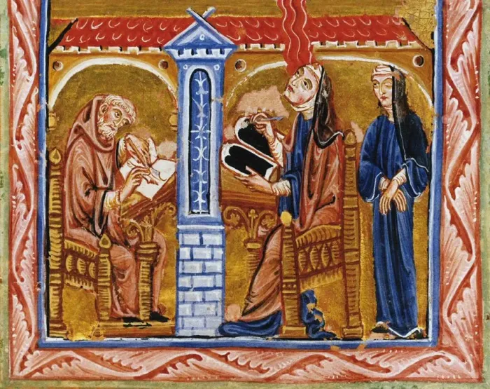 Framed Print : Hildegard receives a vision in the presence of her secretary Volmar and her confidante Richardis, ca Artist: Anonymous Framed Print : Hildegard receives a vision in the presence of her secretary Volmar and her confidante Richardis, ca Artist: Anonymous