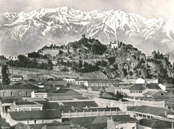 Framed Print : The hill of Santa Lucia with the Andes in the background, Santiago, Chile, 1895. Creator: Unknown Framed Print : The hill of Santa Lucia with the Andes in the background, Santiago, Chile, 1895. Creator: Unknown