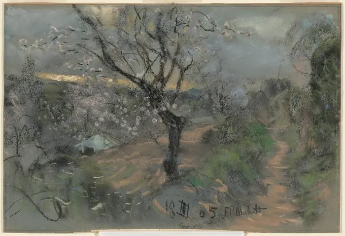Framed Print : A Hillside Path with Blooming Cherry Trees under an Overcast Sky, 1905. Creator: Francesco Paolo Michetti Framed Print : A Hillside Path with Blooming Cherry Trees under an Overcast Sky, 1905. Creator: Francesco Paolo Michetti