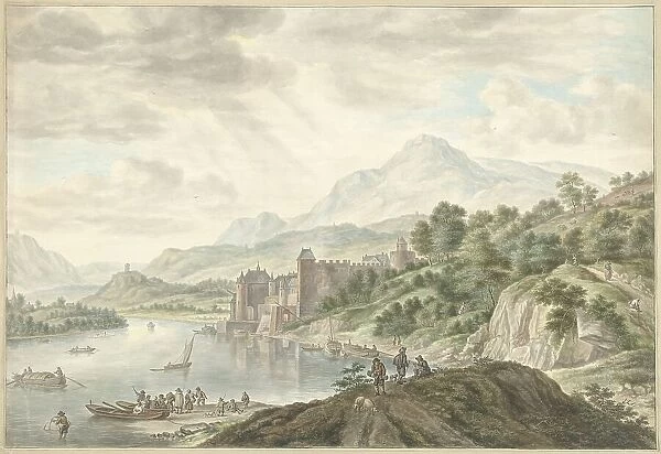 Hilly landscape with a castle on a river, 1795. Creator: Abraham Delfos