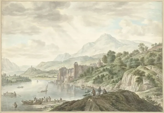 Framed Print : Hilly landscape with a castle on a river, 1795. Creator: Abraham Delfos Framed Print : Hilly landscape with a castle on a river, 1795. Creator: Abraham Delfos