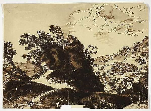 Hilly Landscape with Figure in Foreground, n.d. Creator: Unknown