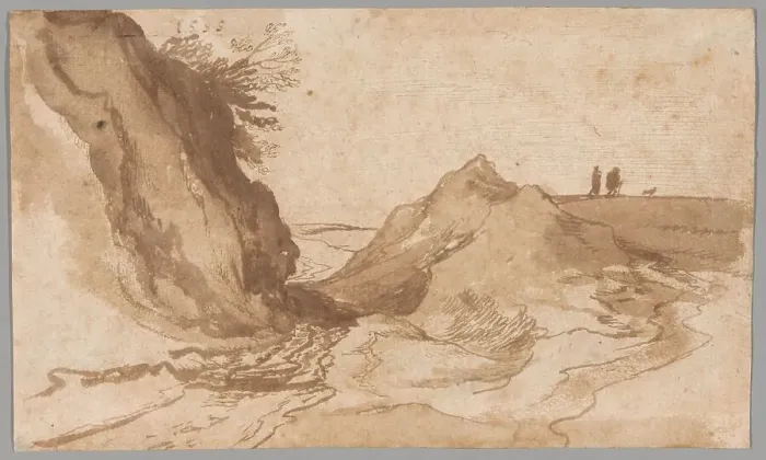 Framed Print : A Hilly Landscape with Figures Near a Ravine, 1595. Creator: Jan Brueghel the Elder Framed Print : A Hilly Landscape with Figures Near a Ravine, 1595. Creator: Jan Brueghel the Elder