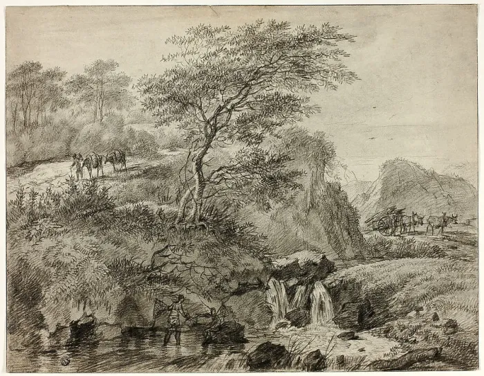 Framed Print : Hilly Landscape with Figures Beside Waterfall, 1785. Creator: Gerard van Nijmegen Framed Print : Hilly Landscape with Figures Beside Waterfall, 1785. Creator: Gerard van Nijmegen