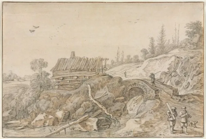 Framed Print : Hilly Landscape with Hut Beside a Stream, 1627. Creator: van de Velde Esaias (Dutch, 1587-1630) Framed Print : Hilly Landscape with Hut Beside a Stream, 1627. Creator: van de Velde Esaias (Dutch, 1587-1630)