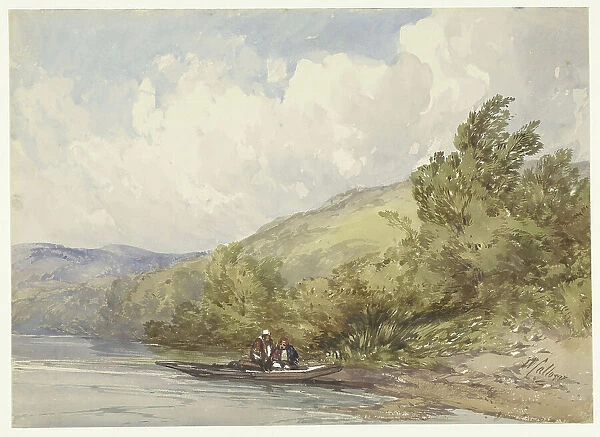Hilly landscape with a lake and a boat with two figures, 1822-1908. Creator: William Callow