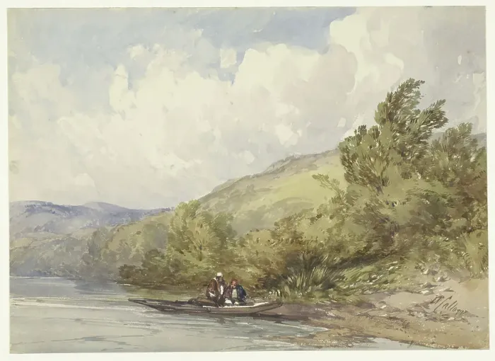 Framed Print : Hilly landscape with a lake and a boat with two figures, 1822-1908. Creator: William Callow Framed Print : Hilly landscape with a lake and a boat with two figures, 1822-1908. Creator: William Callow