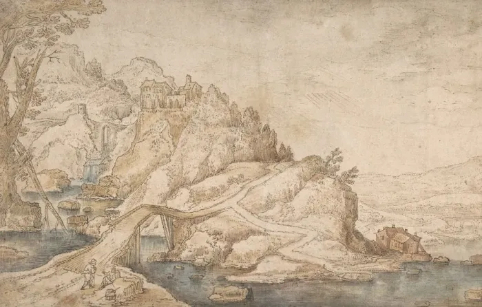 Framed Print : Hilly Landscape with River, Bridge and Houses with Two Figures at Left Framed Print : Hilly Landscape with River, Bridge and Houses with Two Figures at Left