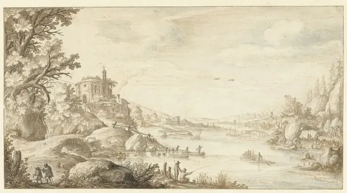 Framed Print : Hilly Landscape with a Round Chapel by the Banks of a River, 1624. Creator: Maerten de Cock Framed Print : Hilly Landscape with a Round Chapel by the Banks of a River, 1624. Creator: Maerten de Cock
