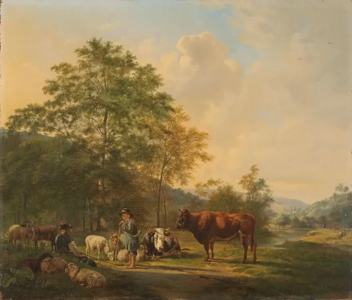 Framed Print : Hilly Landscape with Shepherd, Drover and Cattle, 1815-1839. Creator: Pieter Gerardus van Os Framed Print : Hilly Landscape with Shepherd, Drover and Cattle, 1815-1839. Creator: Pieter Gerardus van Os