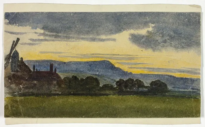 Framed Print : Hilly Landscape at Sunset, c. 1830. Creator: Unknown Framed Print : Hilly Landscape at Sunset, c. 1830. Creator: Unknown