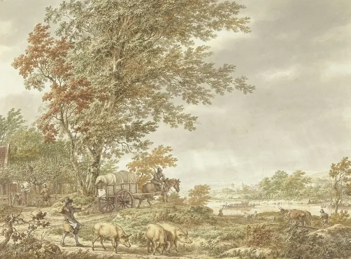 Framed Print : Hilly landscape with swineherd, a river in the distance, 1791. Creator: Jacob Cats Framed Print : Hilly landscape with swineherd, a river in the distance, 1791. Creator: Jacob Cats