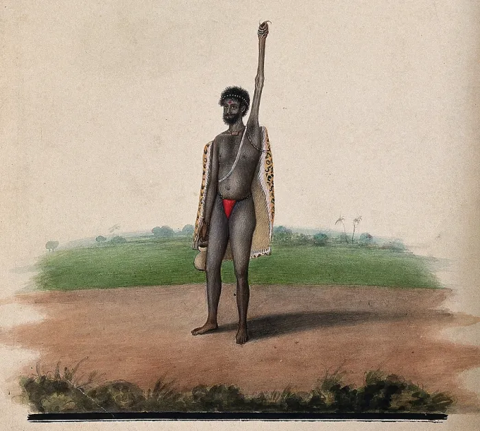 Framed Print : A Hindu ascetic or holy man: standing, with withered left arm raised over his head, and... 1880. Creator: Unknown Framed Print : A Hindu ascetic or holy man: standing, with withered left arm raised over his head, and... 1880. Creator: Unknown