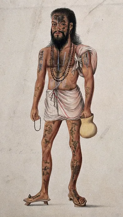 Framed Print : A Hindu ascetic man (sadhu) with beads around his neck is carrying a begging jar and prayer beads. Creator: Unknown Framed Print : A Hindu ascetic man (sadhu) with beads around his neck is carrying a begging jar and prayer beads. Creator: Unknown