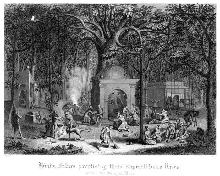 Framed Print : Hindu Fakirs Practising Their Superstitious Rites Under the Banyan Tree. Artist: Bell Framed Print : Hindu Fakirs Practising Their Superstitious Rites Under the Banyan Tree. Artist: Bell