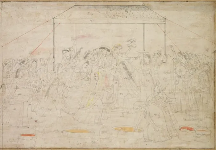 Framed Print : Hindu God Krishna Being Dressed in Womens Clothes for Spring Festival Holi, c. 1790 Framed Print : Hindu God Krishna Being Dressed in Womens Clothes for Spring Festival Holi, c. 1790