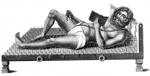 Hindu philosopher Pararum Soatuntre Perkasanund reclining on a bed of iron spikes, 1811