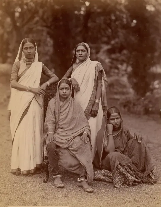 Framed Print : Four Hindu Women, One Seated in a Chair, Outdoors, 1860s-70s. Creator: Unknown Framed Print : Four Hindu Women, One Seated in a Chair, Outdoors, 1860s-70s. Creator: Unknown